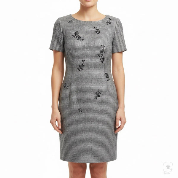 St. John Women’s Silver Sheath Metallic Dress Embroidered Short Sleeve Sz 12