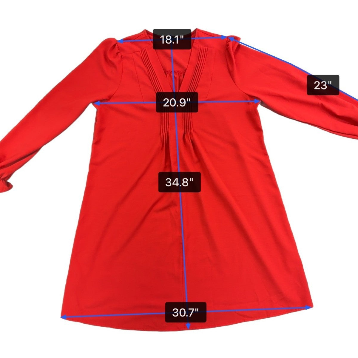 Dokotoo Womens Red Polyester Long-Sleeve V-Neck Pleated Tunic Dress Flowy Sz XL