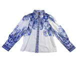Stylewe Womens Blue White Floral Long-Sleeve Blouse Elegant Shirt Size M