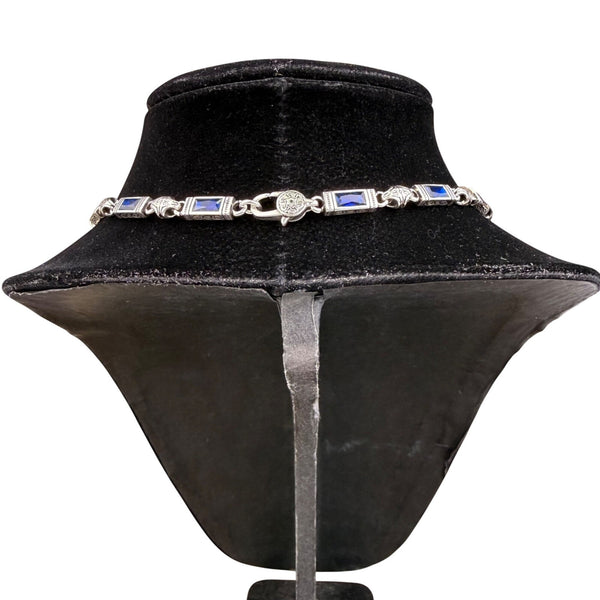 Sterling Silver Unisex Blue Gemstone Link Necklace Handmade Detailed Vintage...
