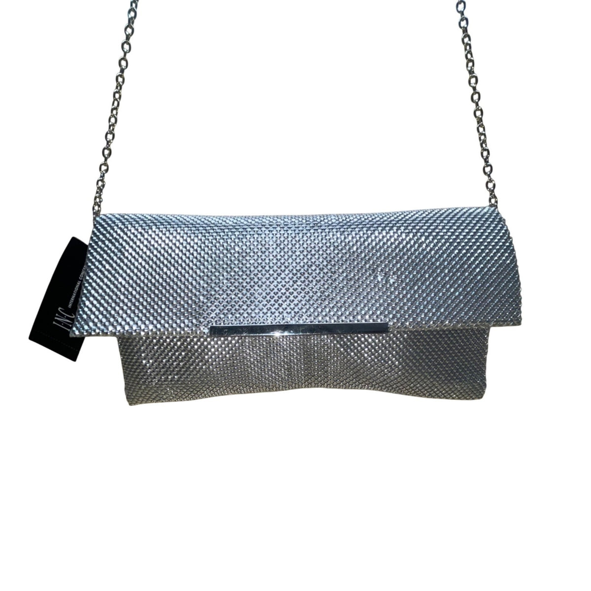 INC Women’s Silver Metallic Mesh Chain Strap Fold-Over Design Clutch Bag