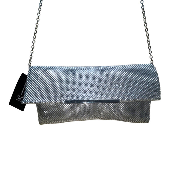 INC Women’s Silver Metallic Mesh Chain Strap Fold-Over Design Clutch Bag
