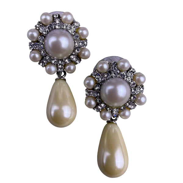 Carolee Womens Silver Tone Crystal & Faux Pearl Drop Earrings Original Box 