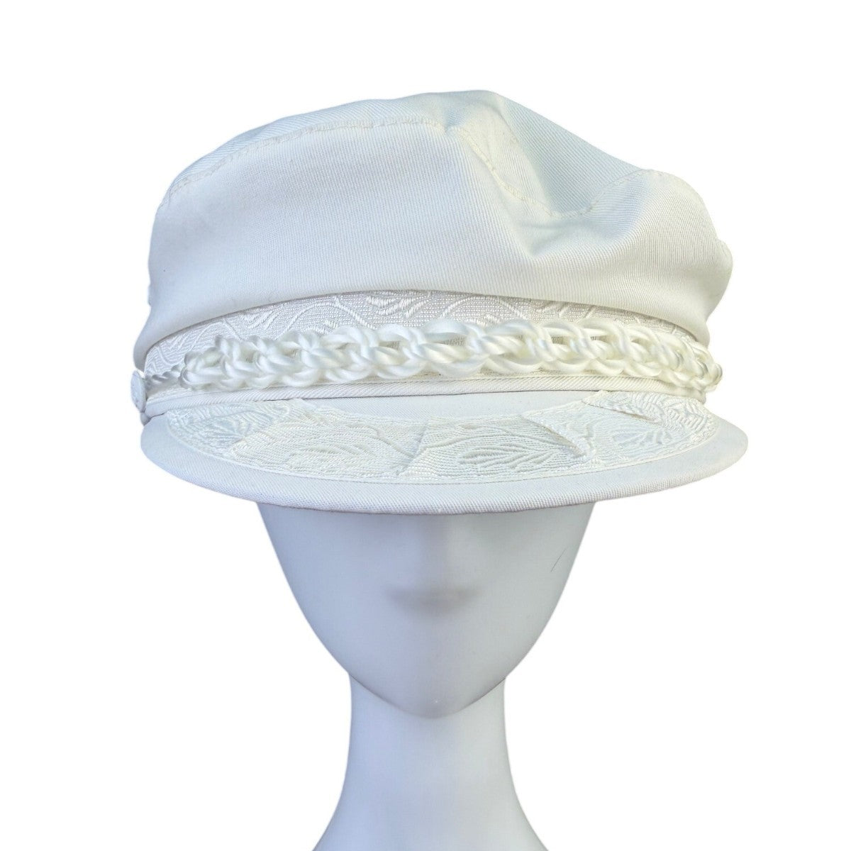 Captains Hat White Embroidered Sailor Cap Braided Rope Nautical Design