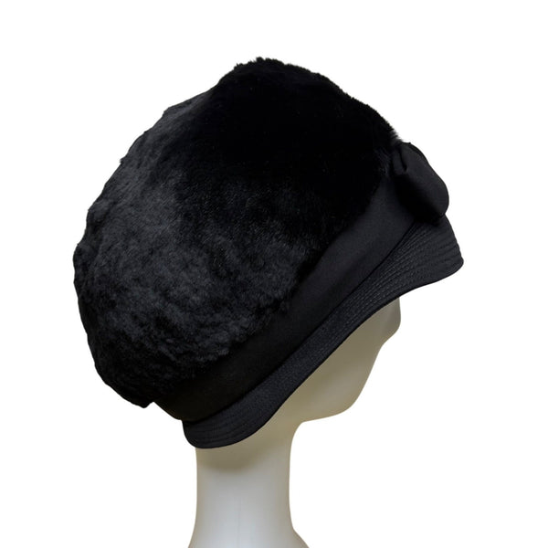 Saks Fifth Avenue 1960s Womens Black Faux Fur Cloche Hat With Bow Red Lining