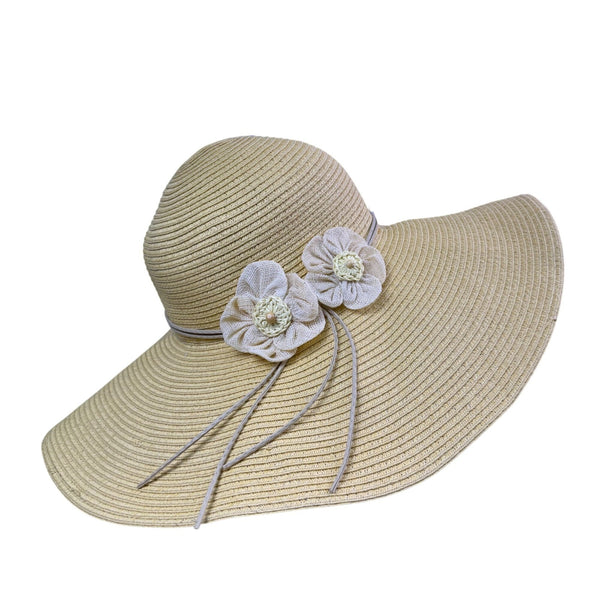 Sakkas Womens Yellow Paper Straw Wide Brim Sun Hat W/ Adjustable Flower Accents
