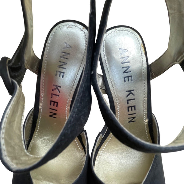 Anne Klein Women’s Black Suede Open Toe Buckle Strap Pearlina Heels Size 7.5 M