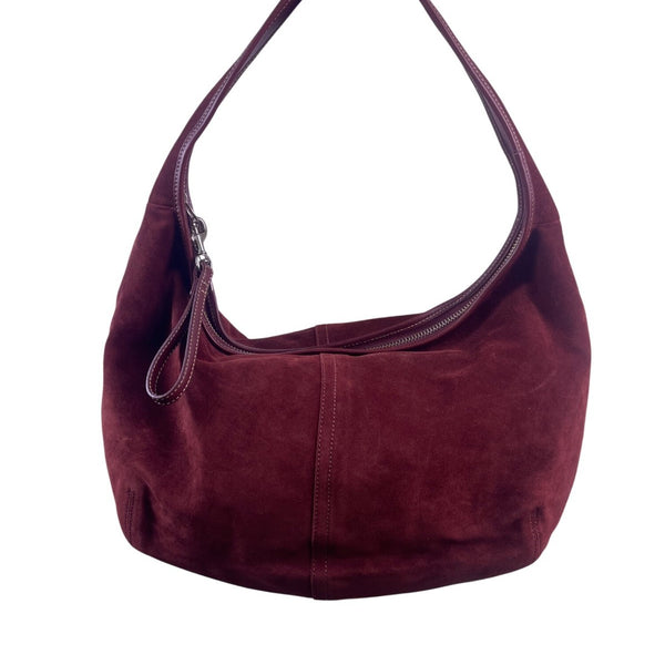 Coach Womens Burgundy Suede Hobo Bag Handcrafted Spacious Interior Zip Closure