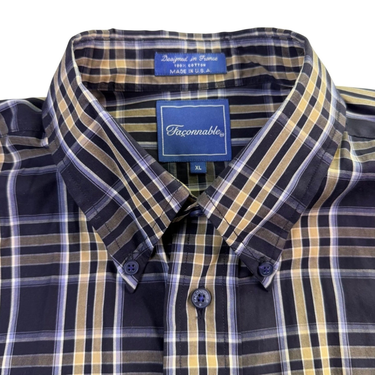 Faconnable Mens Navy & Beige Plaid Button-Up Shirt Casual Fit Size XL