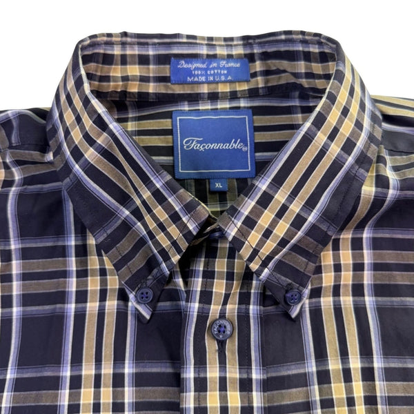 Faconnable Mens Navy & Beige Plaid Button-Up Shirt Casual Fit Size XL