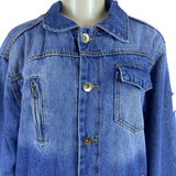 Omoone Women’s Blue Denim Jacket Distressed Pockets Button Closure Sz L
