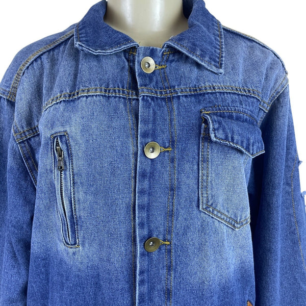 Omoone Women’s Blue Denim Jacket Distressed Pockets Button Closure Sz L
