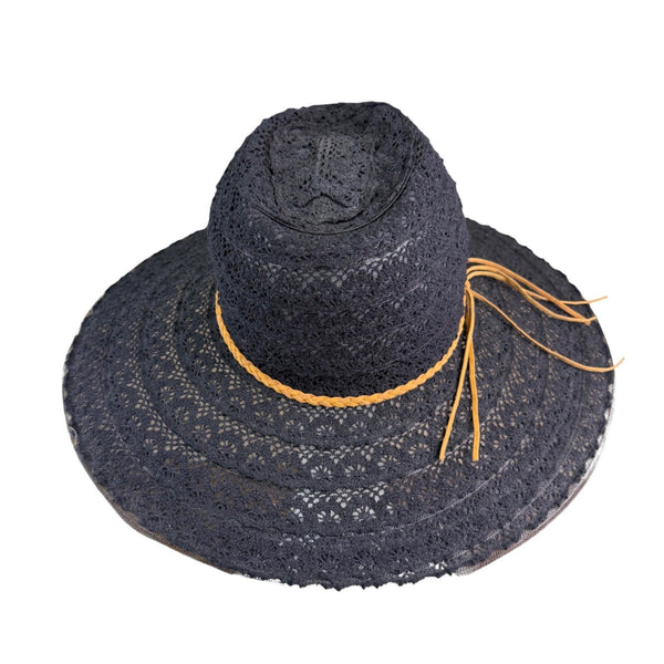 Mallory Black Womens Wide Brim Summer Hat Straw Lace Design Foldable Braided