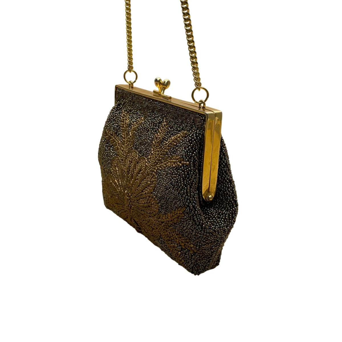 Vintage Women’s Gold & Black Beaded Chain Crossbody Strap Evening Clutch Bag