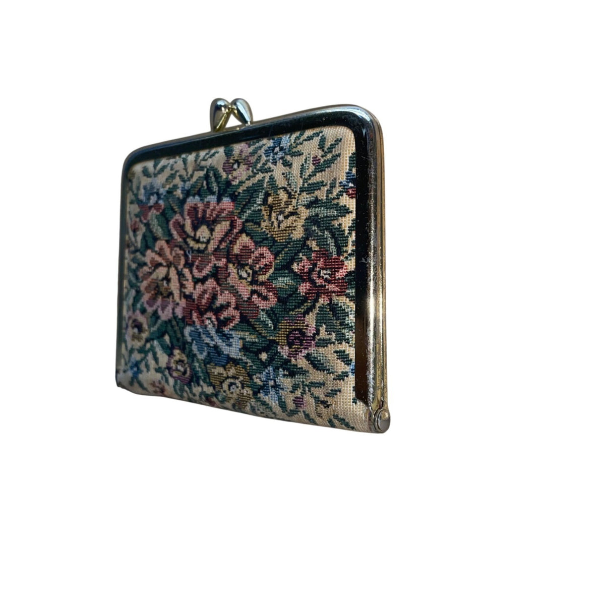 Vintage Womens Floral Tapestry Gold Metal Frame Triple Magnification Dual Mirror