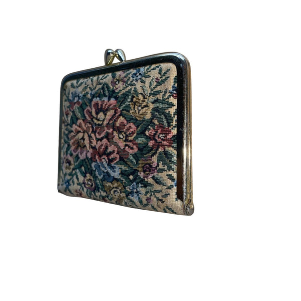 Vintage Womens Floral Tapestry Gold Metal Frame Triple Magnification Dual Mirror