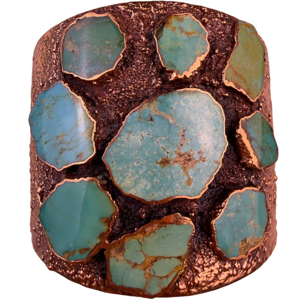 Handcrafted Vintage Solid Copper Cuff Bracelet With Inlaid Green Turquoise