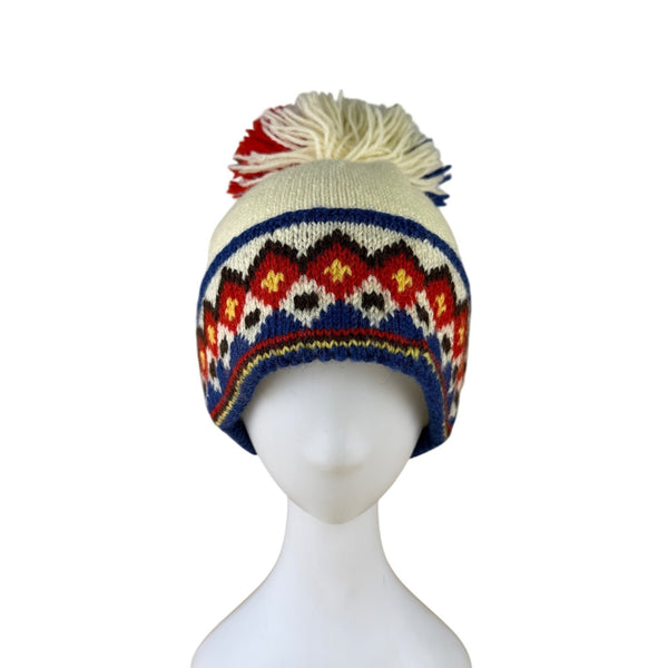 Handmade White & Multicolor Wool Knit Pom Pom Winter Hat With Fair Isle Pattern