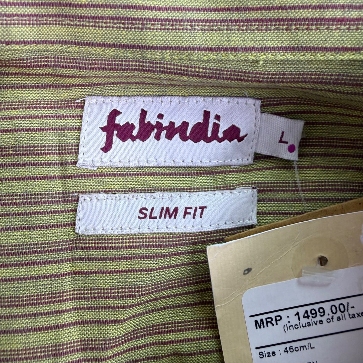 Fabindia Mens Green Striped Cotton Shirt Slim Fit Long Sleeve Size L - New