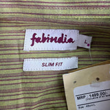 Fabindia Mens Green Striped Cotton Shirt Slim Fit Long Sleeve Size L - New
