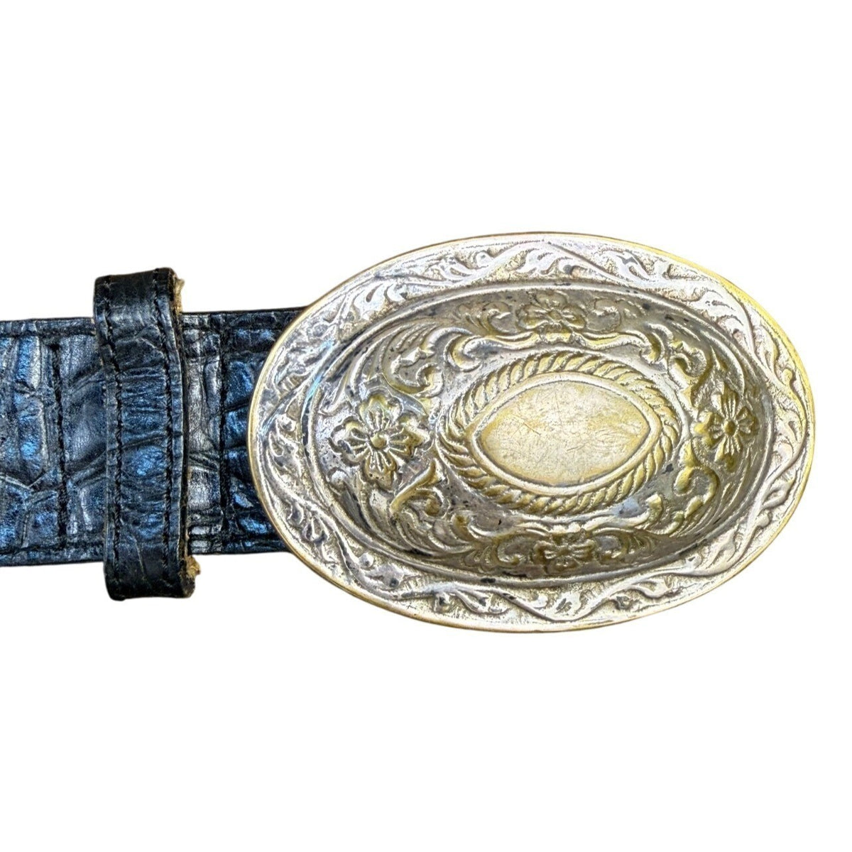 Streets Ahead Womens Black Leather Belt Croc Embossed Western Silver Buckle M
