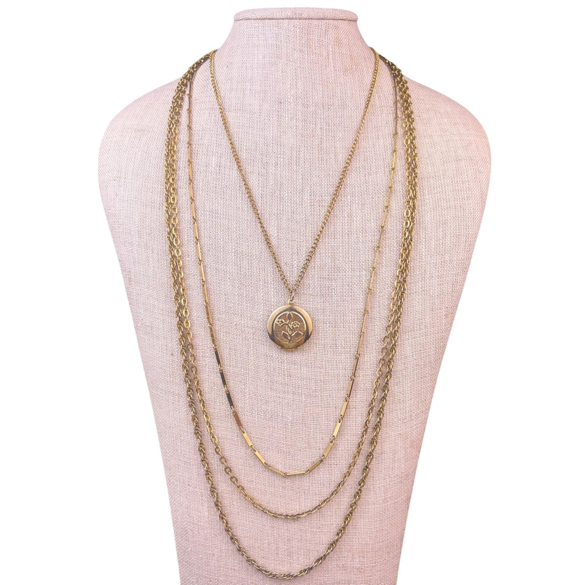 Four-Strand Floral Gold Tone Womens Metal Locket Necklace Vintage 1960s