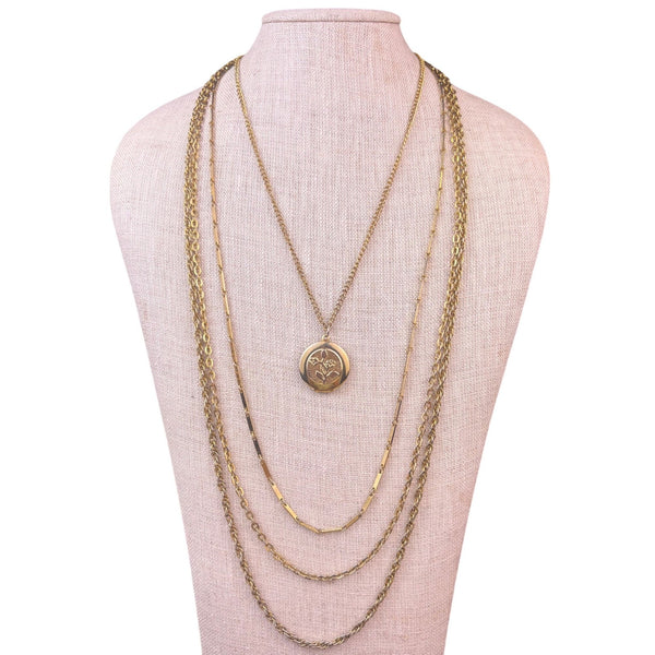 Four-Strand Floral Gold Tone Womens Metal Locket Necklace Vintage 1960s