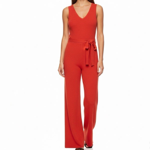 Rehab Womens Red Viscose/Nylon Sleeveless Belted Jumpsuit Wide Legs Size L