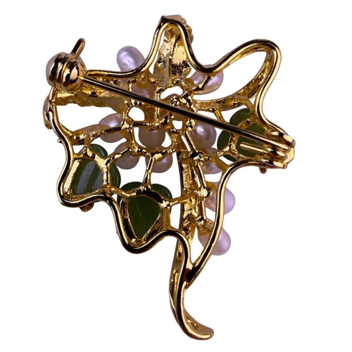Vintage Unknown Womens Gold Tone Jade & Cultured Pearl Floral Leaf Style Brooch