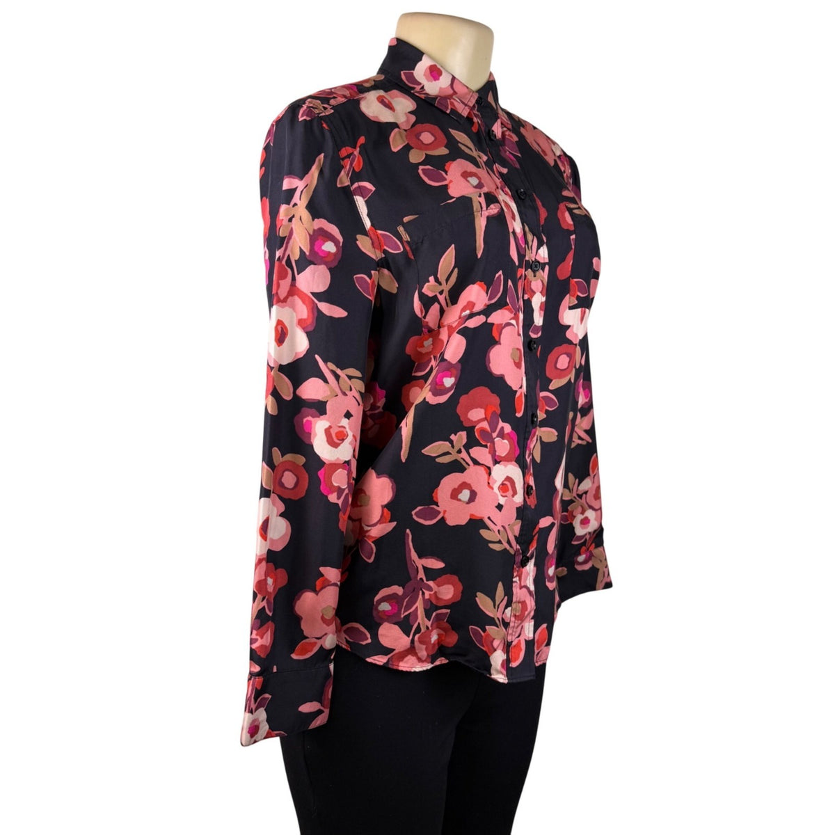 Kate Spade Womens Black & Pink Silk Floral Button-Up Blouse Elegant Top Size S