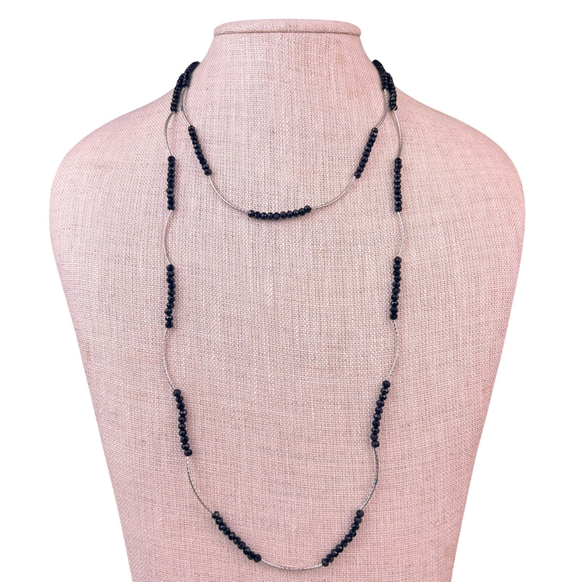 Silver Tone Womens Black Faceted Glass Beaded Necklace Contemporary Design 