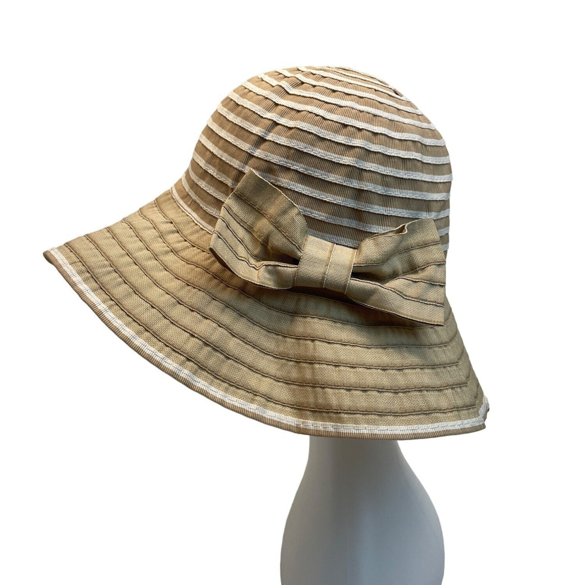 Wide Brim Beige Striped Sun Hat With Bow Accent For Women - One Size