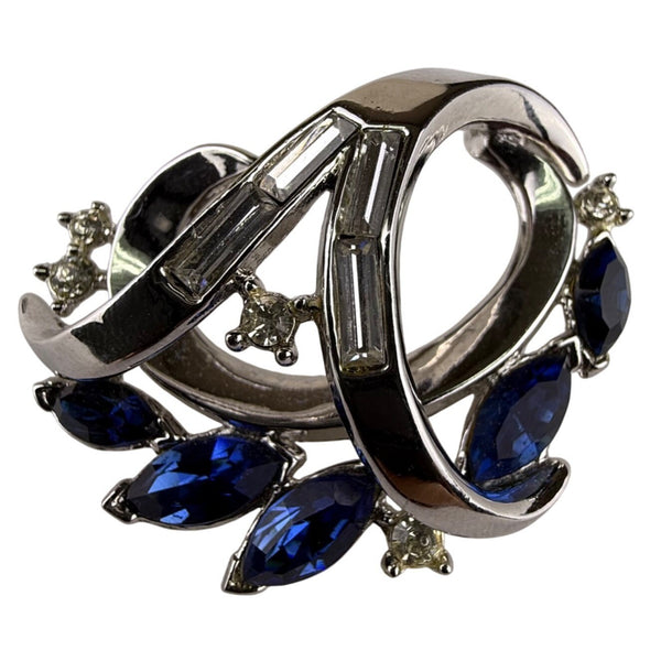 Trifari Vintage Silver Tone Rhinestone Sapphire Blue Crescent Brooch Pin Elegant