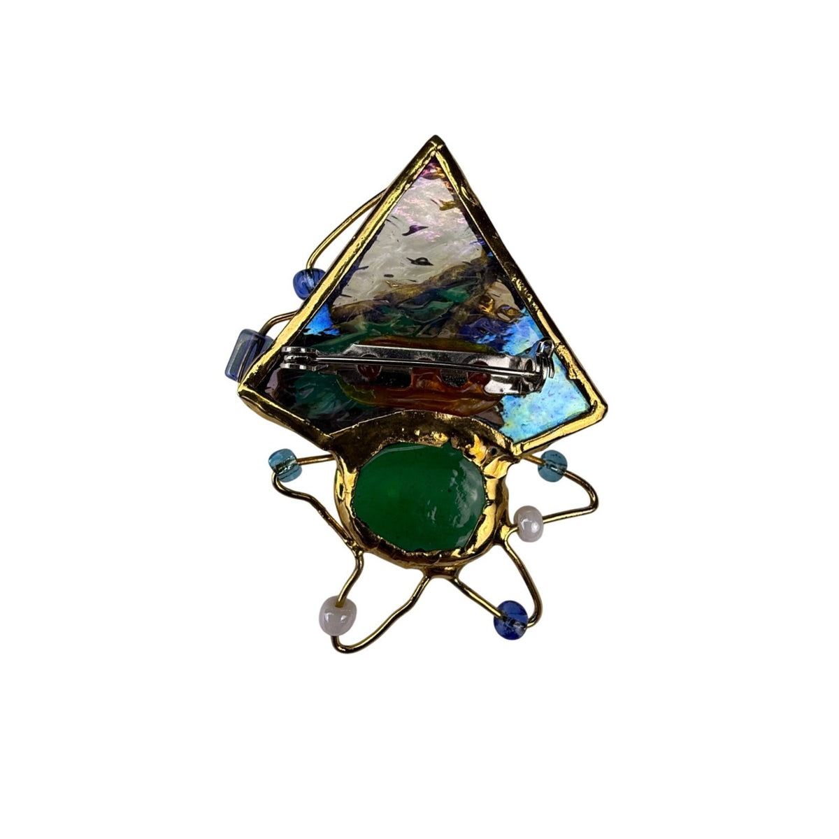 Abstract Gold Tone & Multicolor Glass Brooch Artistic Pin Unique Design
