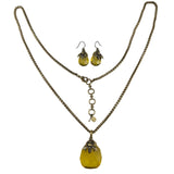 Antique Brass-tone Womens Honeybee Jewelry Set Necklace & Earrings Yellow Glass