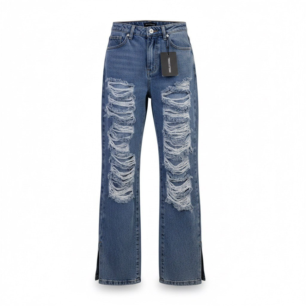 Pretty Little Thing Womens Blue High-Waisted Distressed Straight Leg Jeans Sz 4