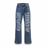 Pretty Little Thing Womens Blue High-Waisted Distressed Straight Leg Jeans Sz 4