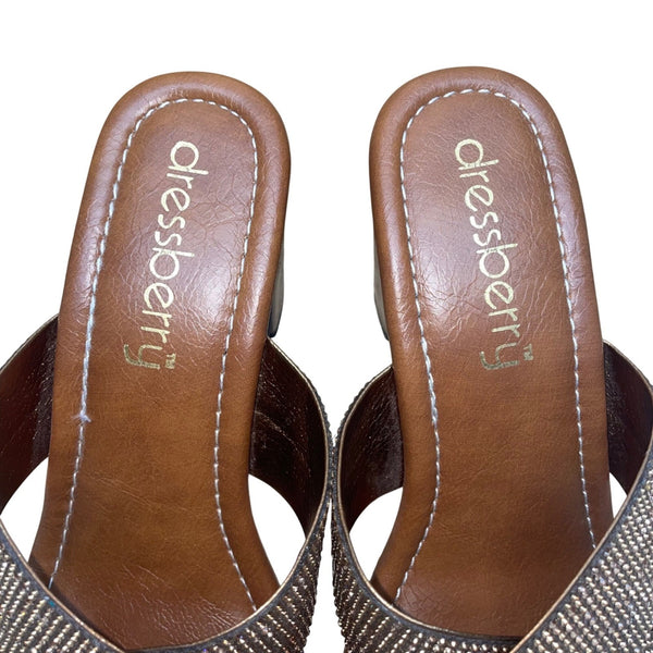 Dressberry Women’s Brown & Gold Embellished open-toe block heels Sandals Size 37