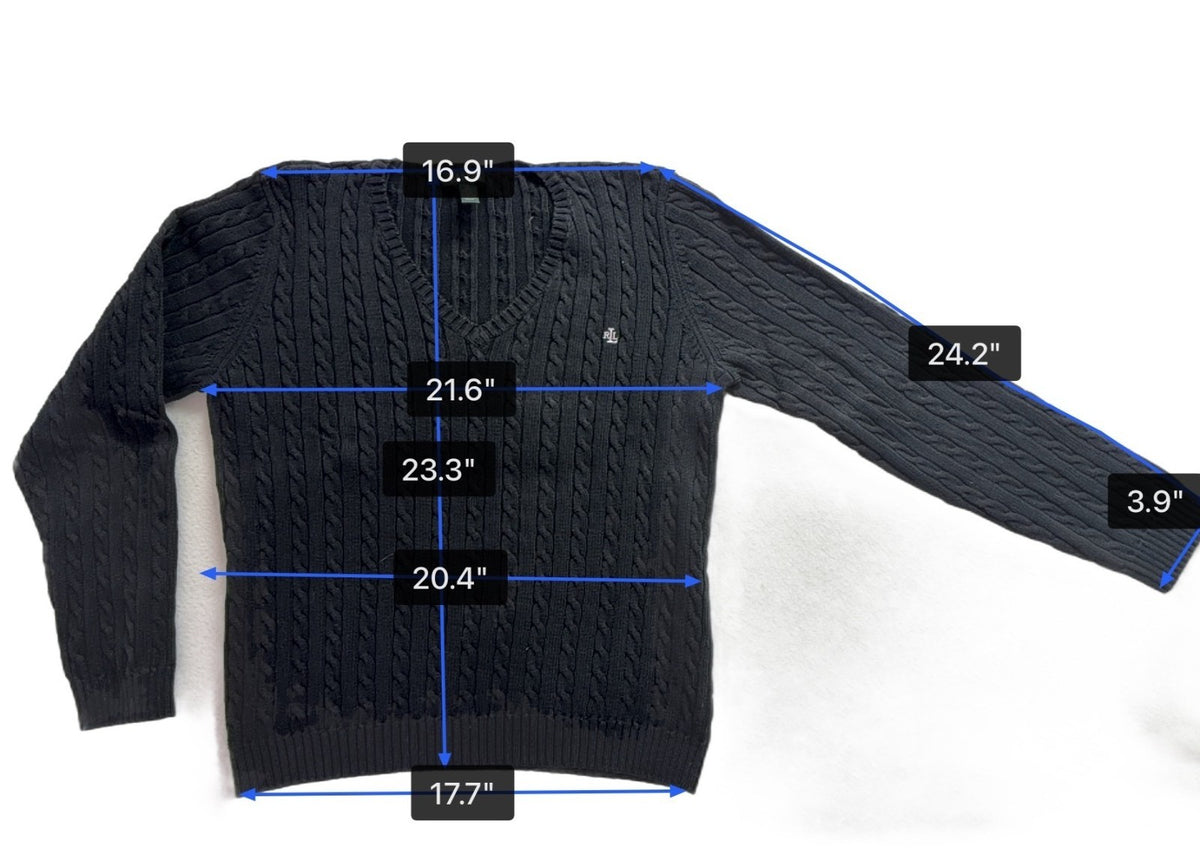 Lauren Ralph Lauren Womens Black Cotton Cable Knit V-Neck Sweater Sz XL