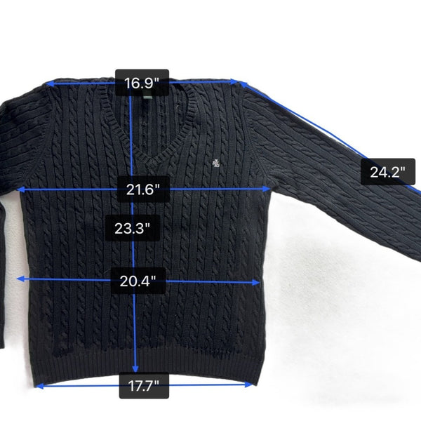 Lauren Ralph Lauren Womens Black Cotton Cable Knit V-Neck Sweater Sz XL