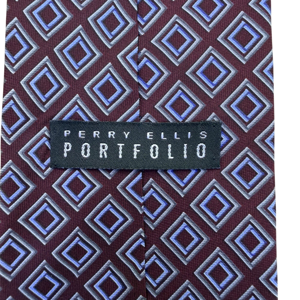 Perry Ellis Mens Burgundy & Blue 100% Silk Geometric Pattern Necktie