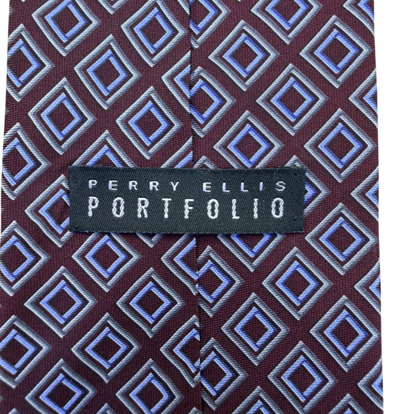 Perry Ellis Mens Burgundy & Blue 100% Silk Geometric Pattern Necktie