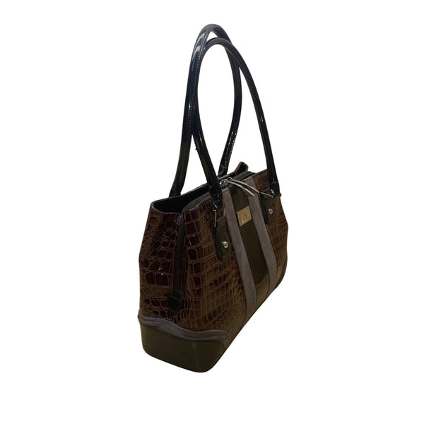 Beijo Women’s Brown & Black Faux Alligator Double Handles Snap Closure Tote Bag