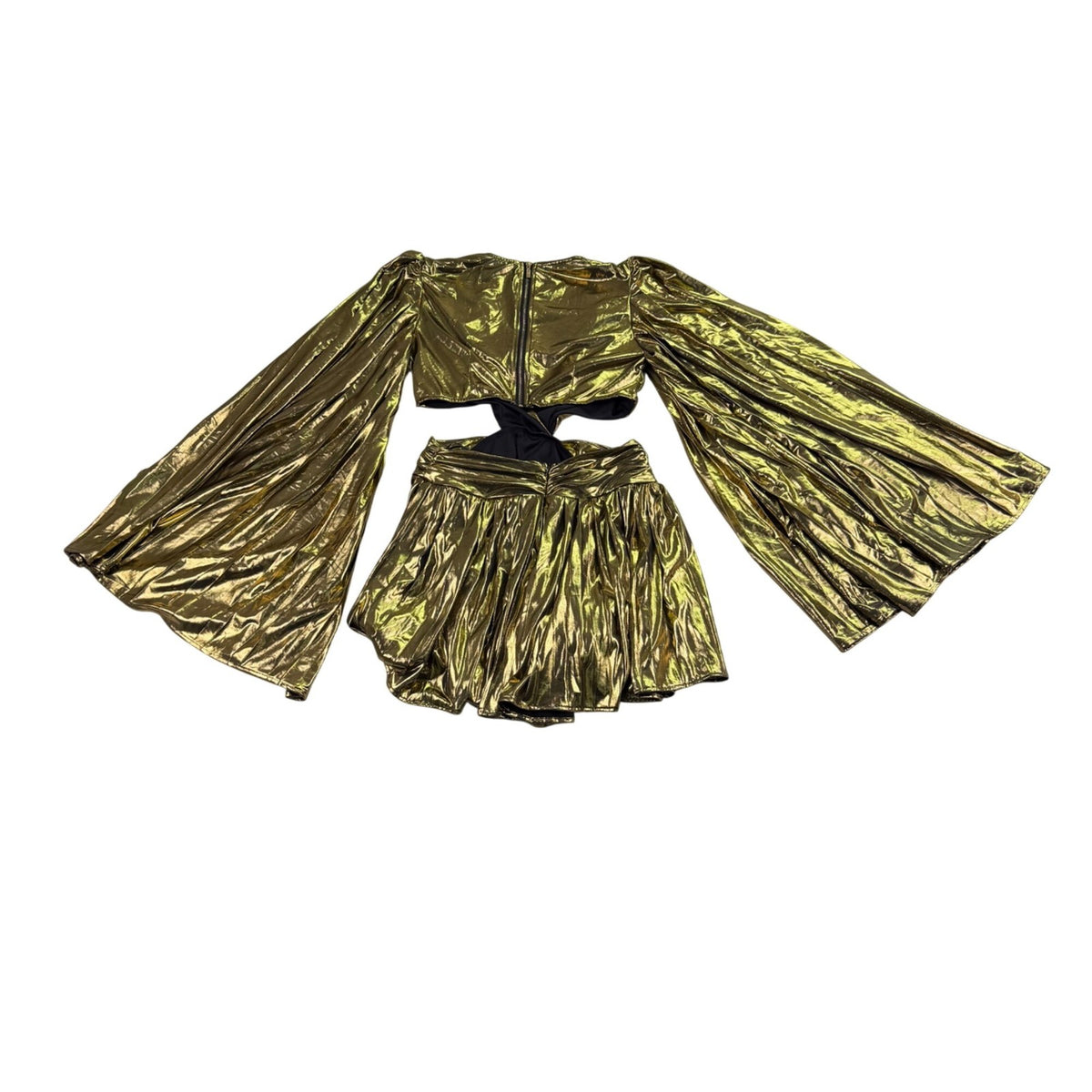 The Sanga Womens Gold Metallic Mini Dress Flared Sleeves Cutout Size M