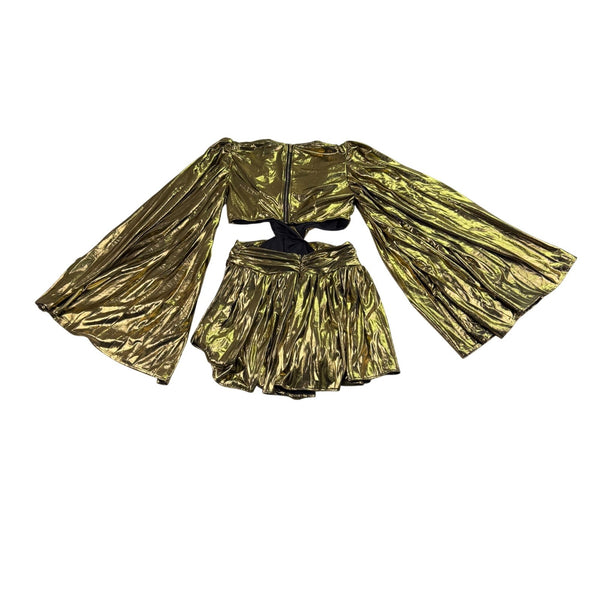 The Sanga Womens Gold Metallic Mini Dress Flared Sleeves Cutout Size M