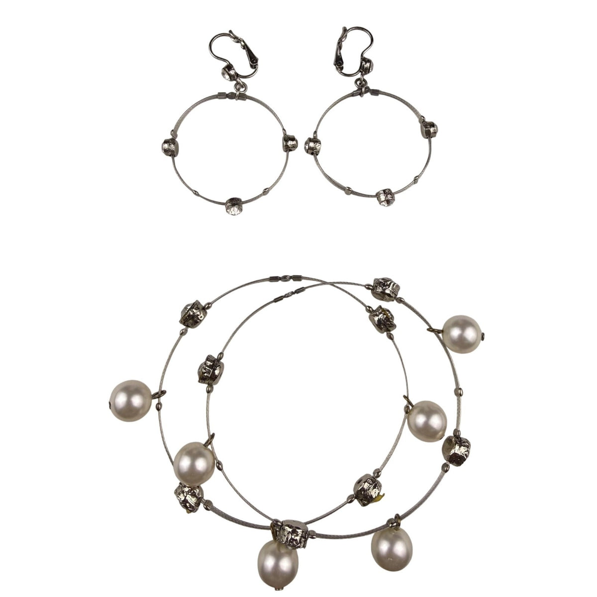 Silver Tone Womens Mixed Bead Hoop Earrings & Wire Bangle Bracelet Set