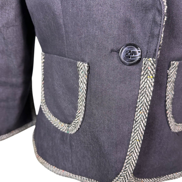 Donna Rae Womens Black Cotton Blend Jacket Textured Trim Single Button Size 10