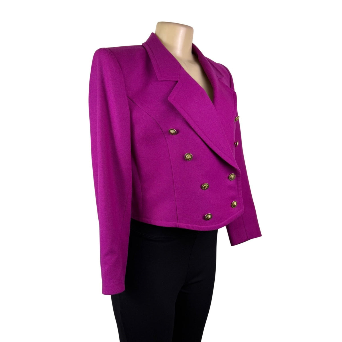 Vintage Guy Laroche Womens Magenta Wool Cropped Double-Breasted Blazer Size 40