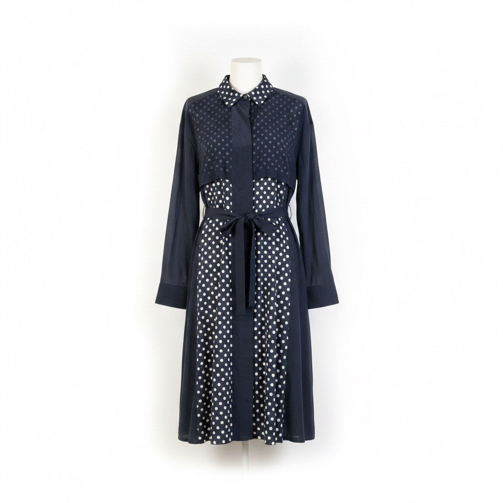 DKNY Womens Navy Polka Dot Silk-Blend Shirt Dress With Belt Size M