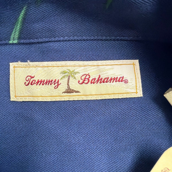 Tommy Bahama Mens Navy Hawaiian Button-Down Shirt Palm Leaf Pattern Size L